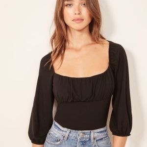 Reformation Mari Top Black Ruched Square Neck Blouse 3/4 Sleeves S